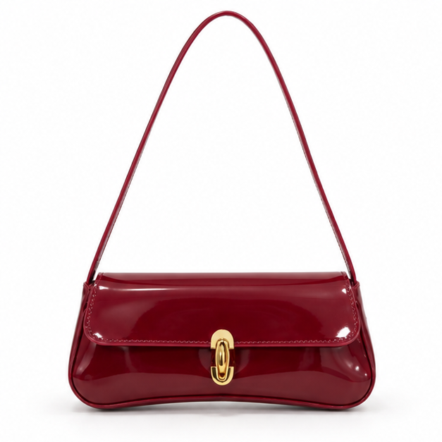 Glossy Burgundy Patent Leather Shoulder Bag-4