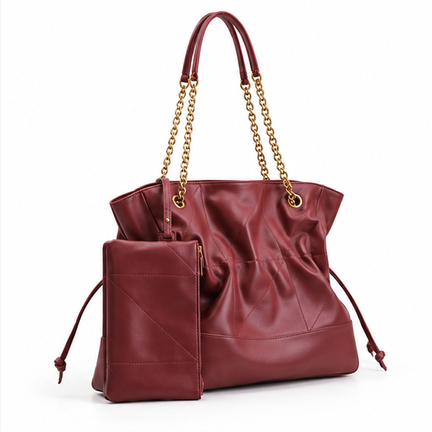 Burgundy Ruched Chain Shoulder Tote Bag