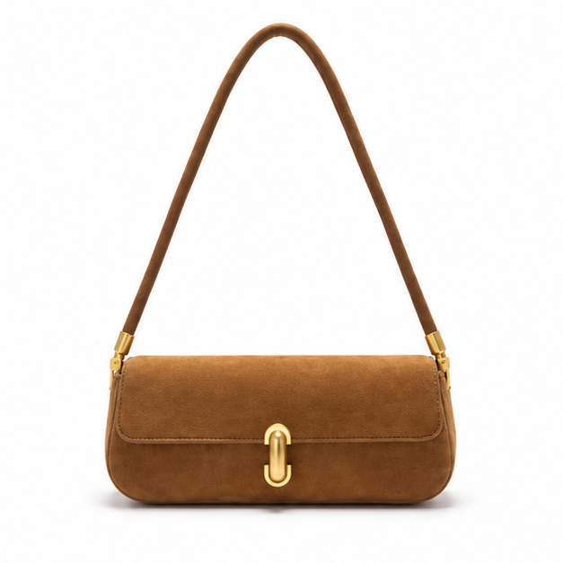Camel Suede Gold Clasp Shoulder Bag-4