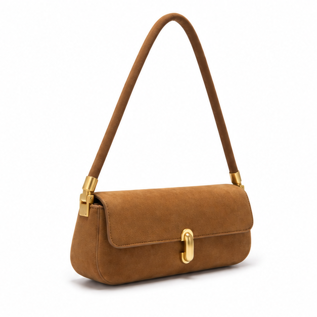 Camel Suede Gold Clasp Shoulder Bag-1