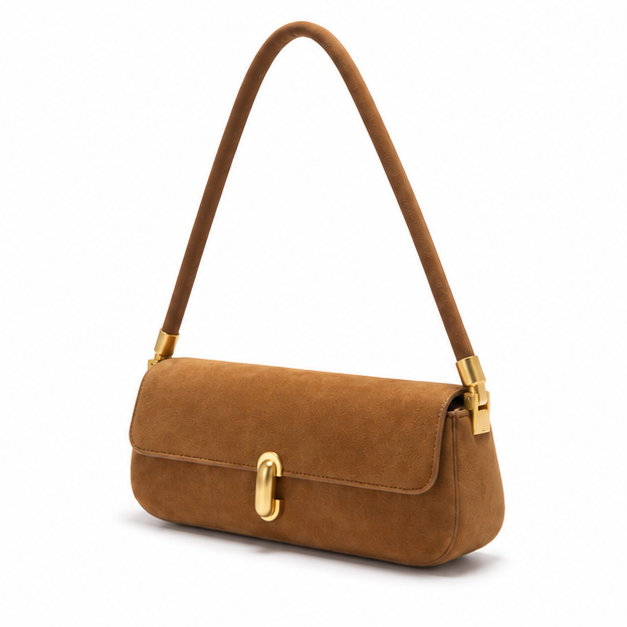 Camel Suede Gold Clasp Shoulder Bag-3