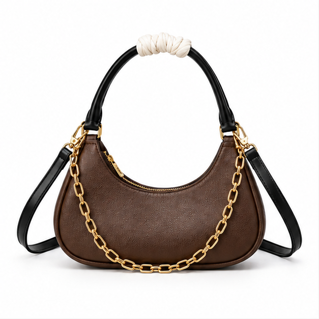 Chocolate Brown Crescent Chain Shoulder Bag-4