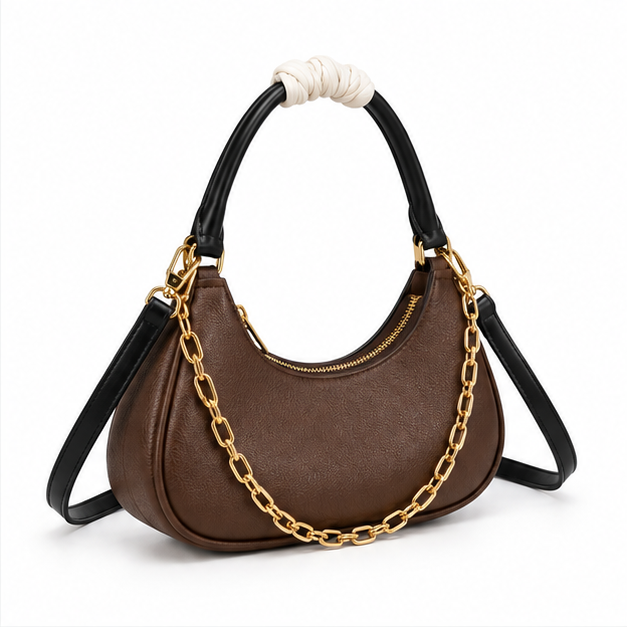 Chocolate Brown Crescent Chain Shoulder Bag-1