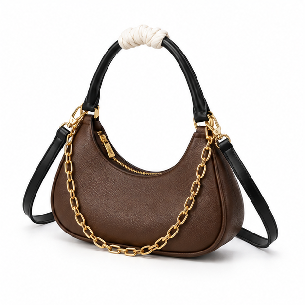 Chocolate Brown Crescent Chain Shoulder Bag-3