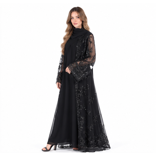 Elegant Black Floral Embroidered Sequin Kaftan-3