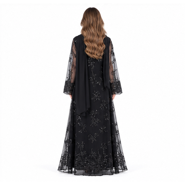 Elegant Black Floral Embroidered Sequin Kaftan-4