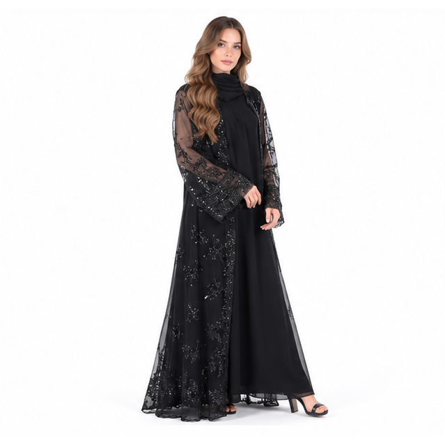 Elegant Black Floral Embroidered Sequin Kaftan-2