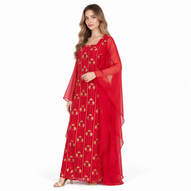 Elegant Red Gold Embroidered Sequin Kaftan-3