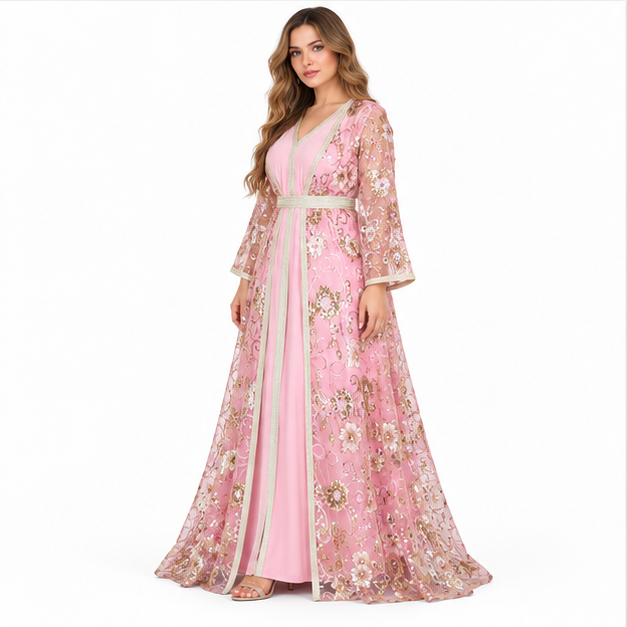 Elegant Pink Floral Sequin Embroidered Kaftan-2