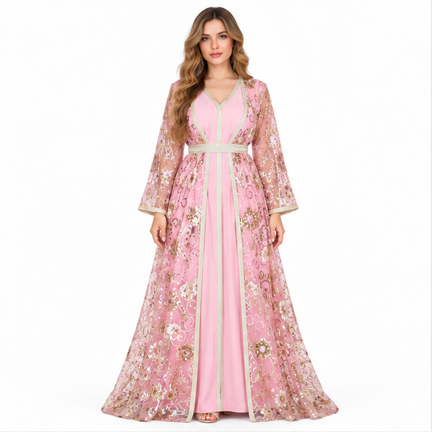 Elegant Pink Floral Sequin Embroidered Kaftan-1