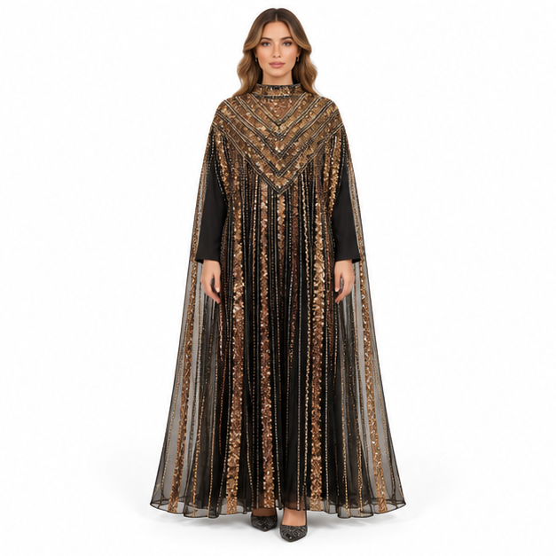 Elegant Black Gold Embroidered Sequin Kaftan-1