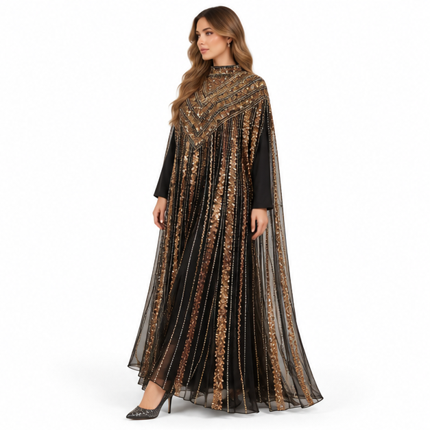 Elegant Black Gold Embroidered Sequin Kaftan-3