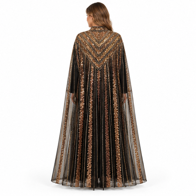 Elegant Black Gold Embroidered Sequin Kaftan-4