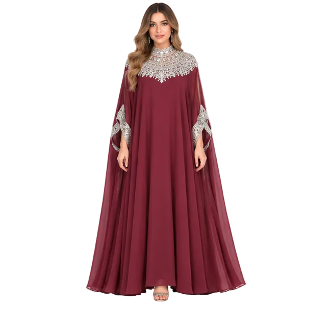 Elegant Burgundy Silver Sequin Embroidered Kaftan-1