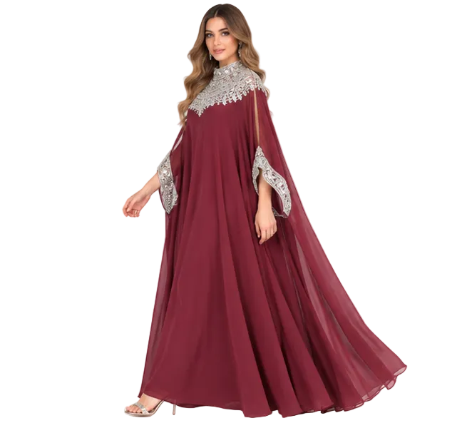 Elegant Burgundy Silver Sequin Embroidered Kaftan-3