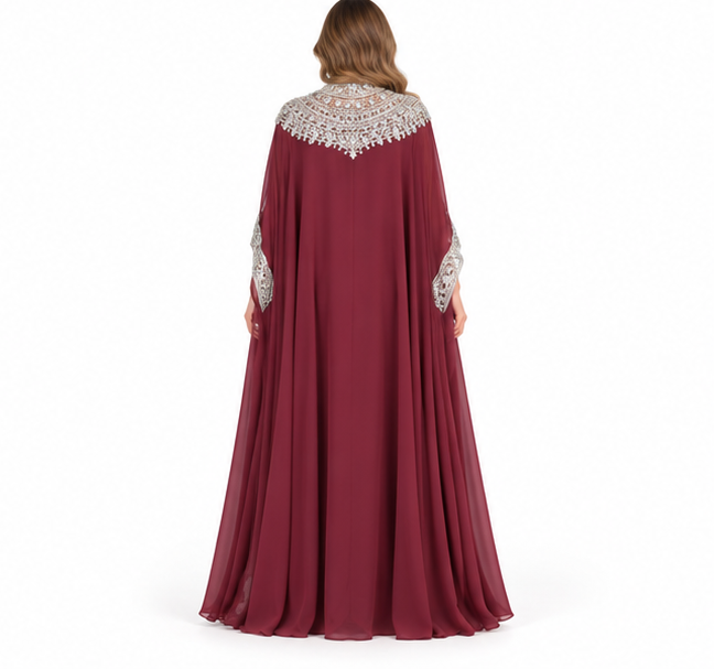 Elegant Burgundy Silver Sequin Embroidered Kaftan-4