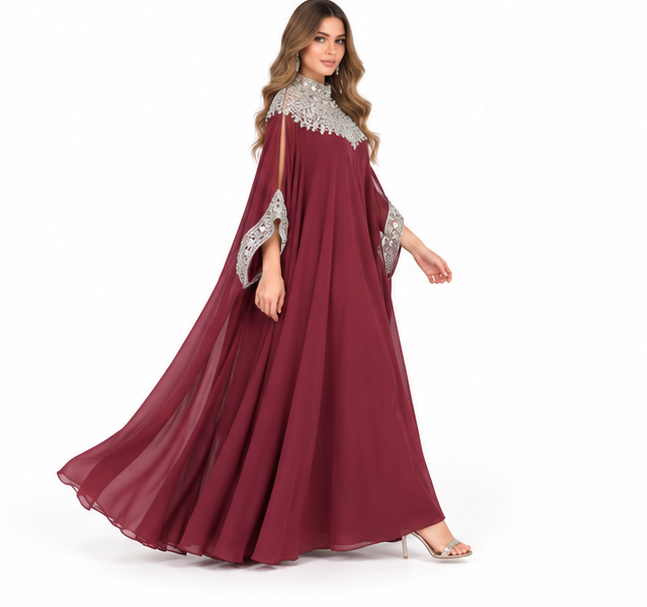 Elegant Burgundy Silver Sequin Embroidered Kaftan-2