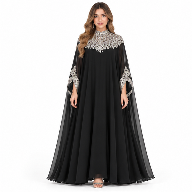 Elegant Black Silver Embroidered Sequin Kaftan-1
