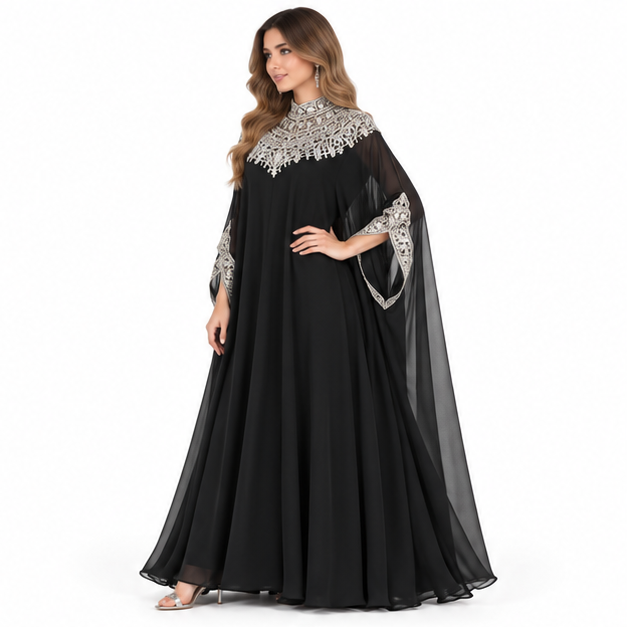 Elegant Black Silver Embroidered Sequin Kaftan-3
