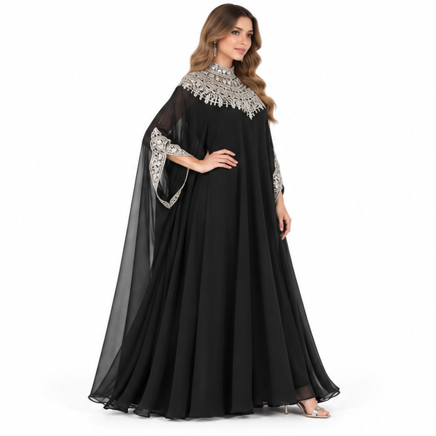 Elegant Black Silver Embroidered Sequin Kaftan-2