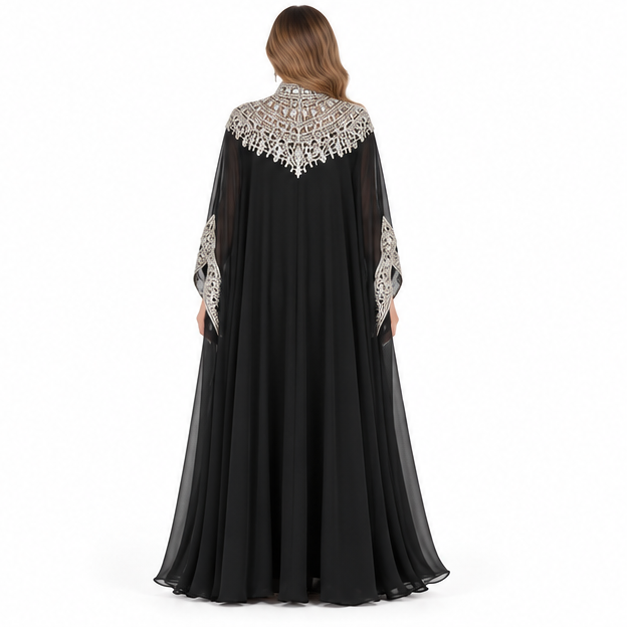Elegant Black Silver Embroidered Sequin Kaftan-4