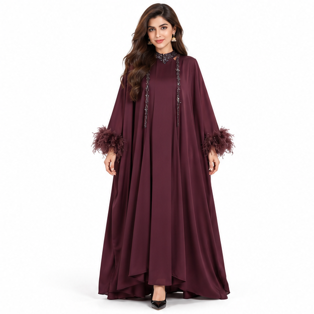 Elegant Burgundy Pakistani Kaftan Feather Dress-1