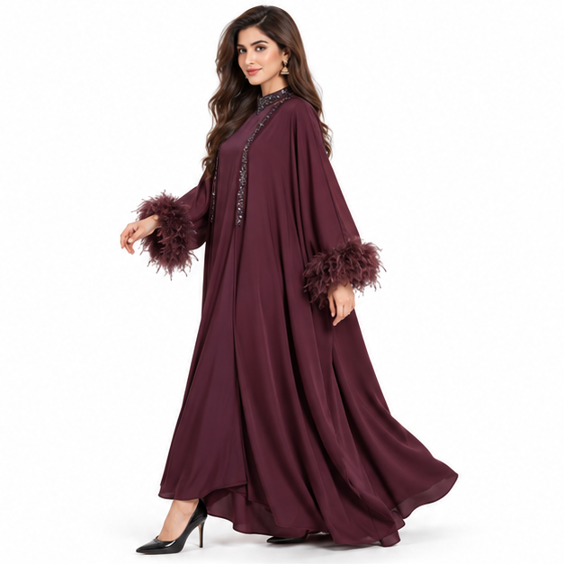 Elegant Burgundy Pakistani Kaftan Feather Dress-3