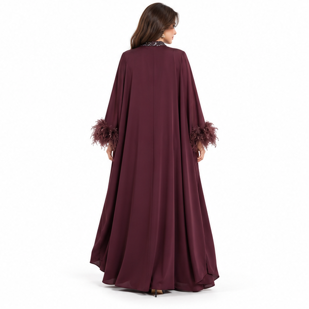 Elegant Burgundy Pakistani Kaftan Feather Dress-4