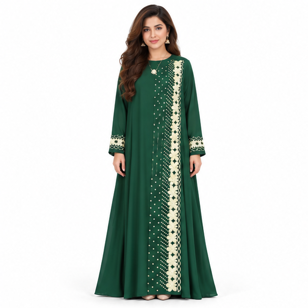 Elegant Emerald Green Pakistani Embroidered Kaftan-1