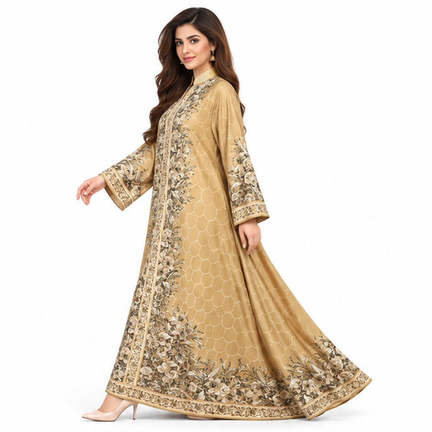 Elegant Apricot Embroidered Pakistani Kaftan Dress-2