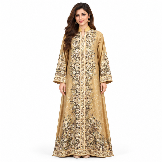 Elegant Apricot Embroidered Pakistani Kaftan Dress-1