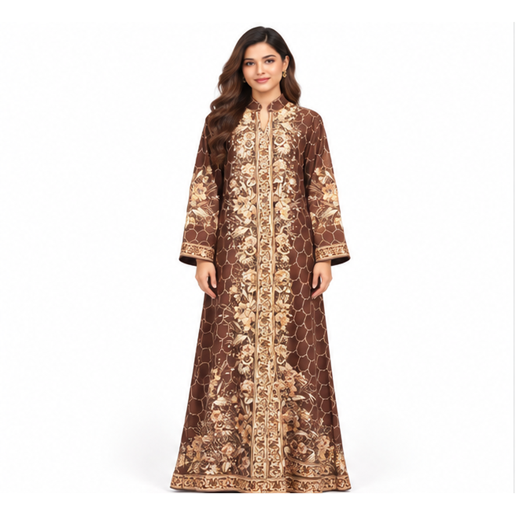 Elegant Pakistani Embroidered Brown Floral Kaftan-1