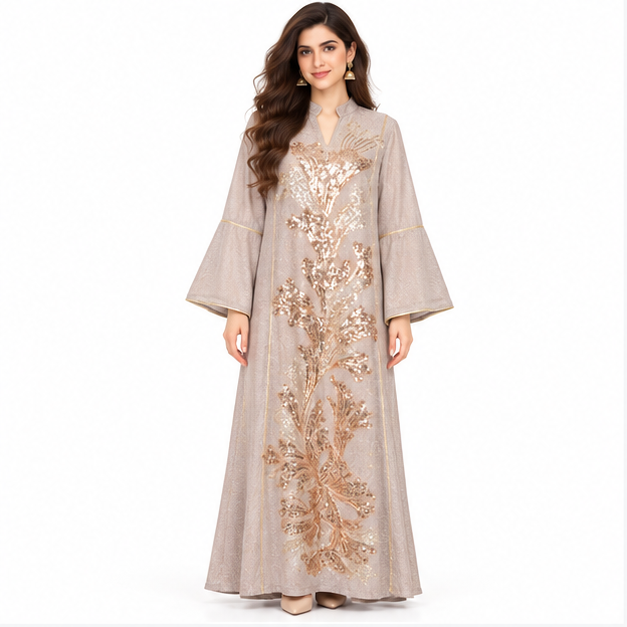 Elegant Pakistani Rose Gold Sequin Kaftan