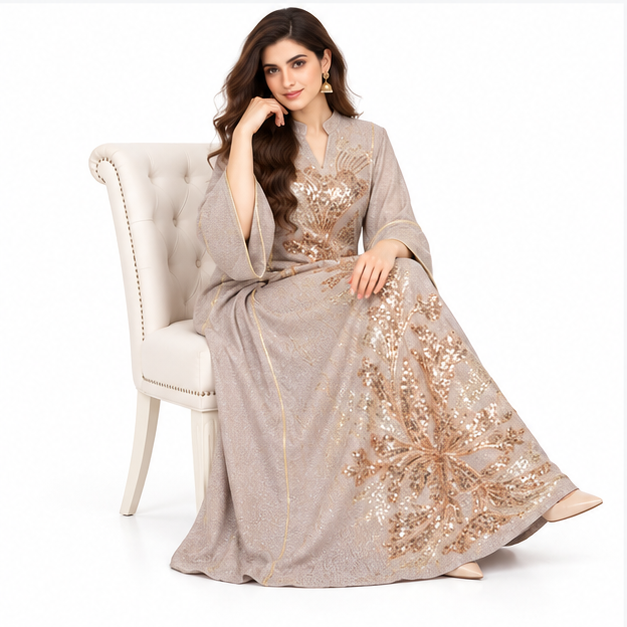 Elegant Pakistani Rose Gold Sequin Kaftan