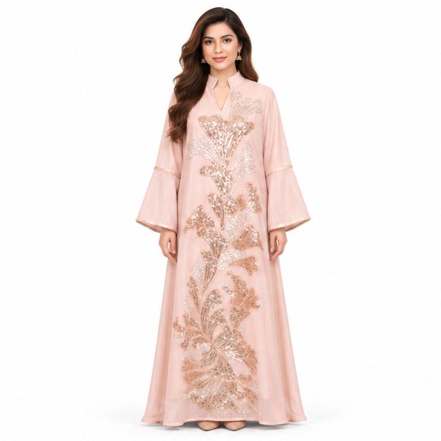 Elegant Blush Pink Pakistani Sequin Kaftan