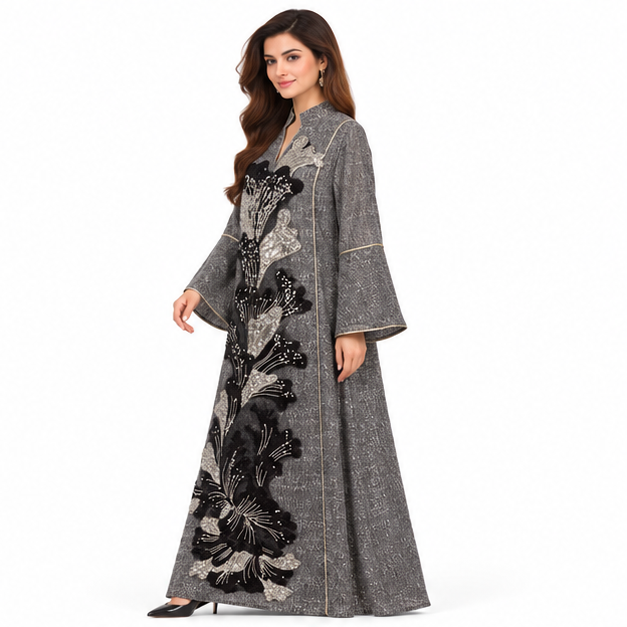 Elegant Black Floral Sequin Pakistani Kaftan-2