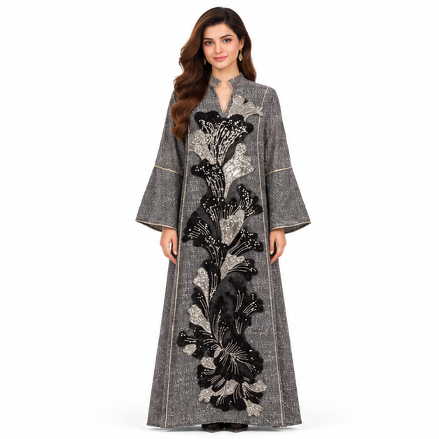 Elegant Black Floral Sequin Pakistani Kaftan-1