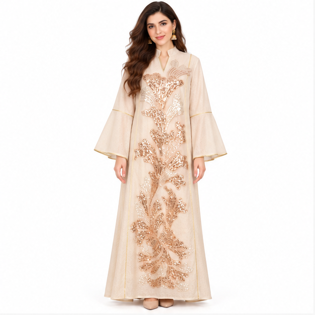 Elegant Pakistani Apricot Sequin Embroidered Kaftan-1