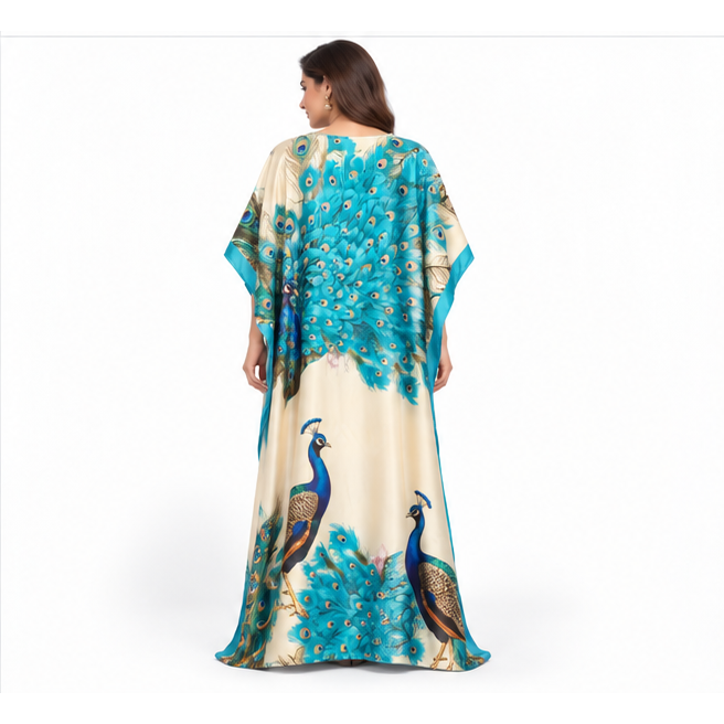 Elegant Pakistani Peacock Print Satin Kaftan-4