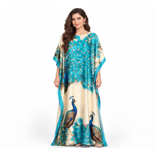 Elegant Pakistani Peacock Print Satin Kaftan-1