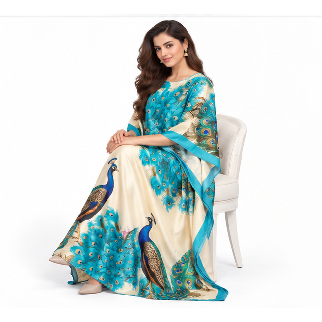 Elegant Pakistani Peacock Print Satin Kaftan-3