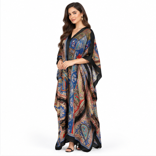 Elegant Pakistani Multicolor Paisley Print Kaftan