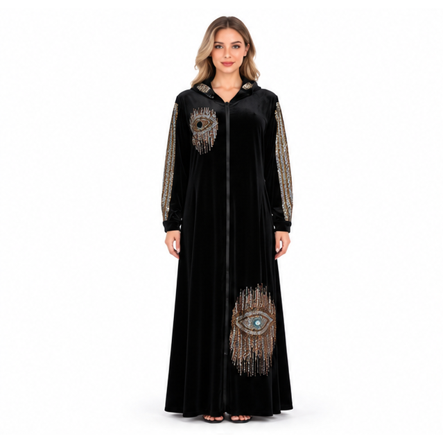 Elegant Black Velvet Embroidered Hooded Kaftan