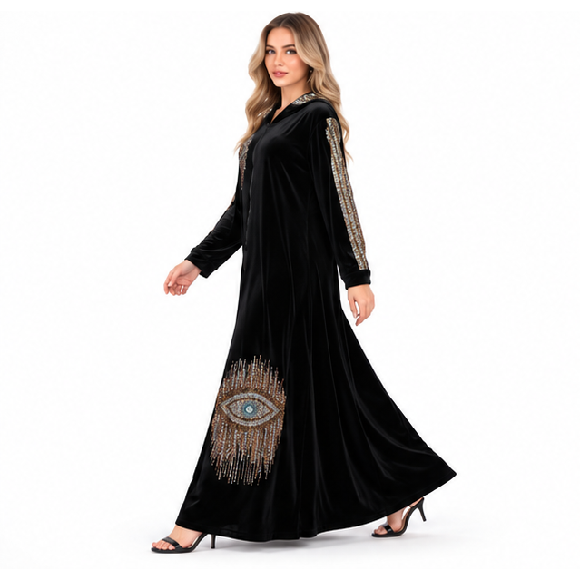 Elegant Black Velvet Embroidered Hooded Kaftan