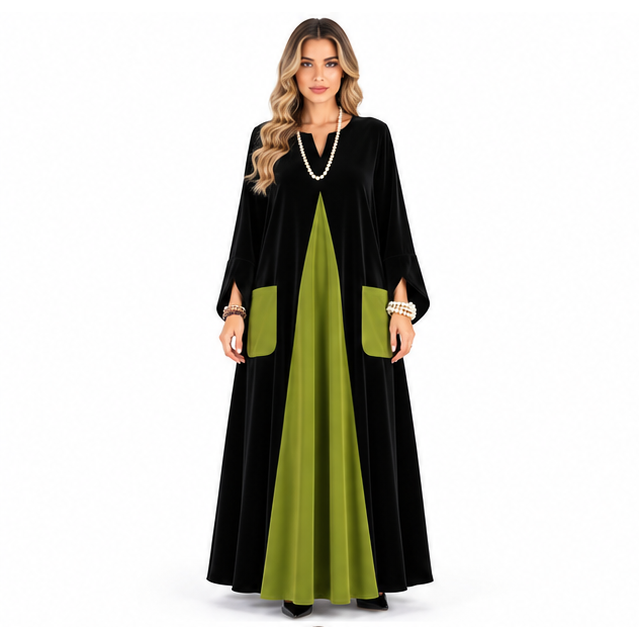 Elegant Black Green Contrast Velvet Kaftan-1
