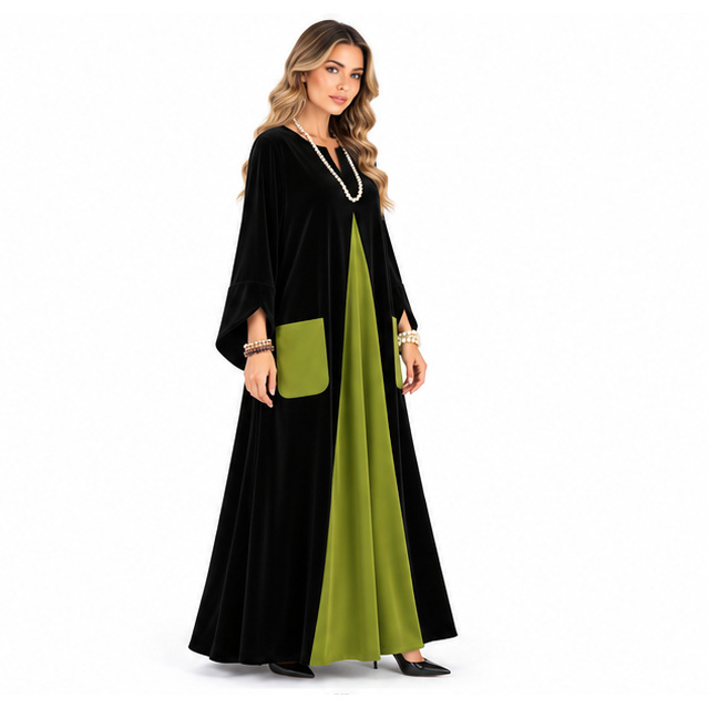 Elegant Black Green Contrast Velvet Kaftan-3