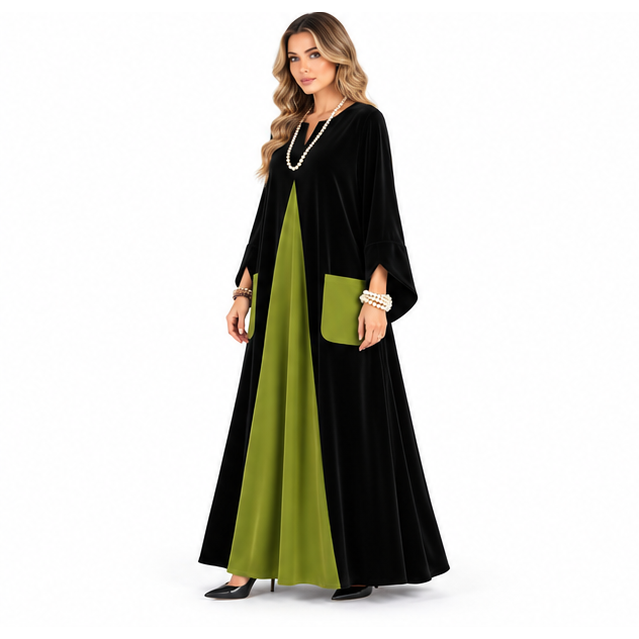 Elegant Black Green Contrast Velvet Kaftan-2