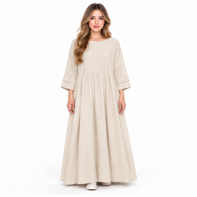Elegant Beige Cotton Kaftan Maxi Dress