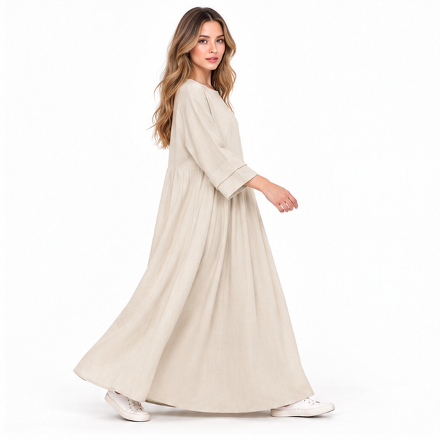 Elegant Beige Cotton Kaftan Maxi Dress-3