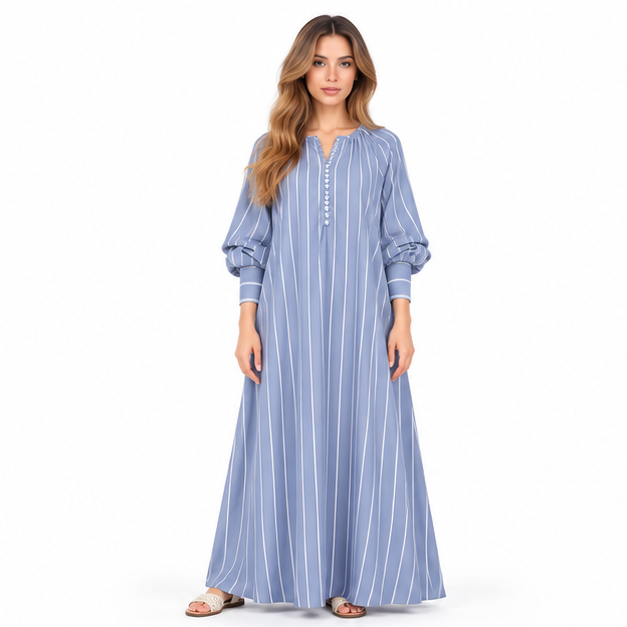 Cotton Kaftan Elegant Blue Striped Dress-1